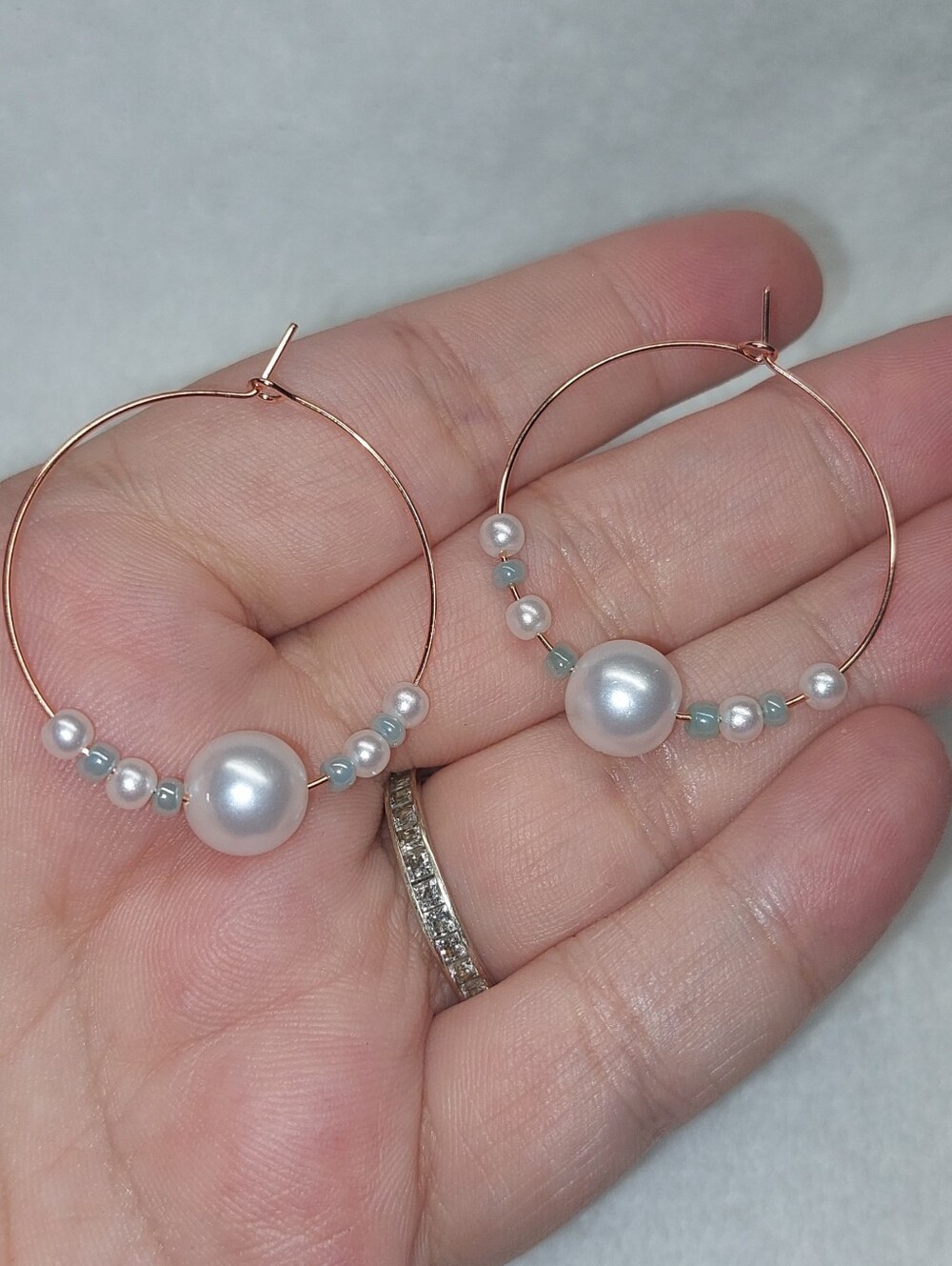 Handmade Delicate Rose Goldtone Hoop Earrings with White Faux Pearl Accent